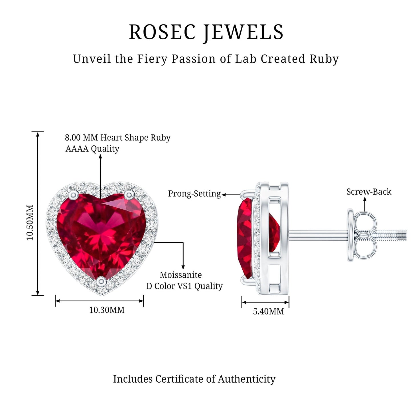 4 Carat Lab Grown Ruby Heart Stud Earrings with Moissanite Halo