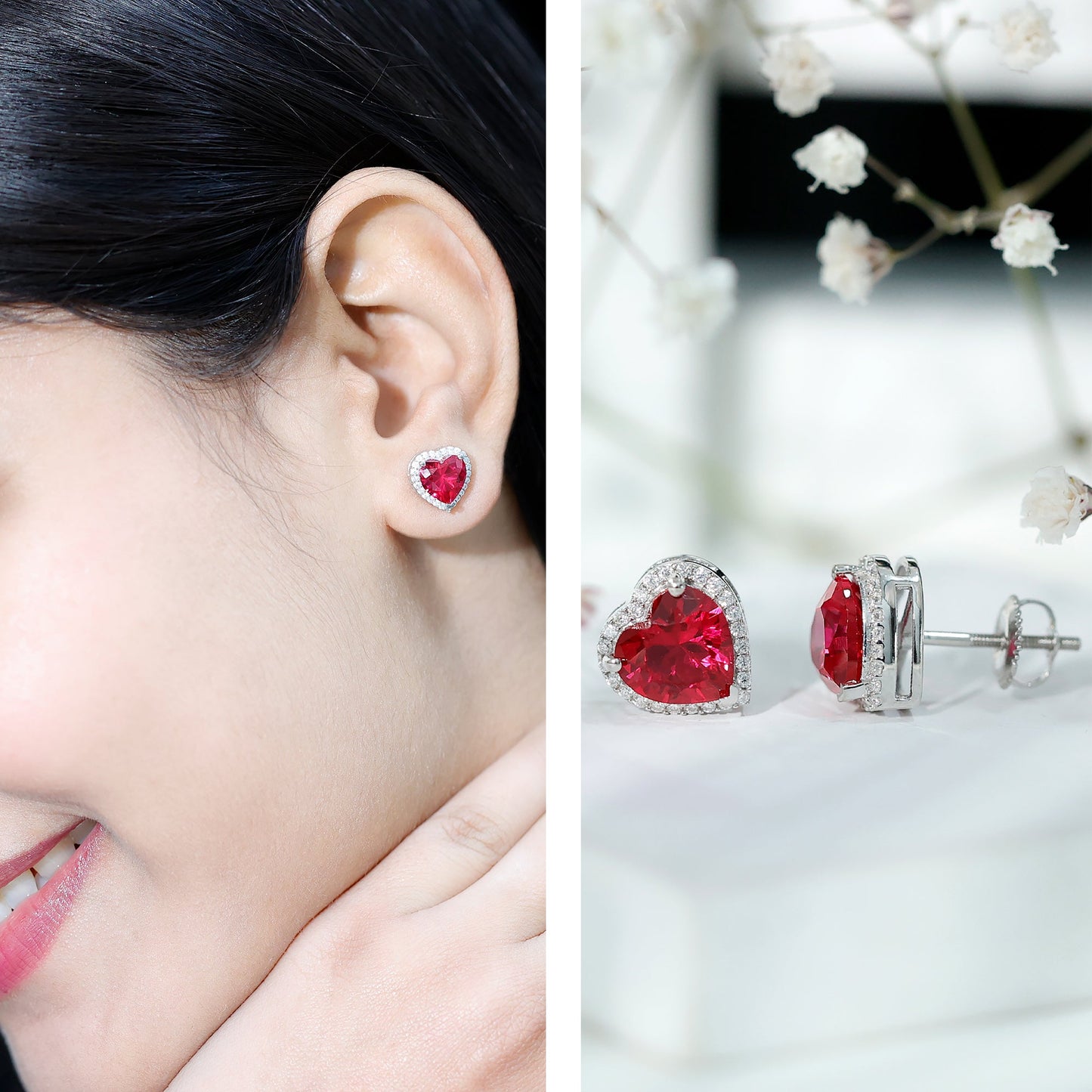 4 Carat Lab Grown Ruby Heart Stud Earrings with Moissanite Halo