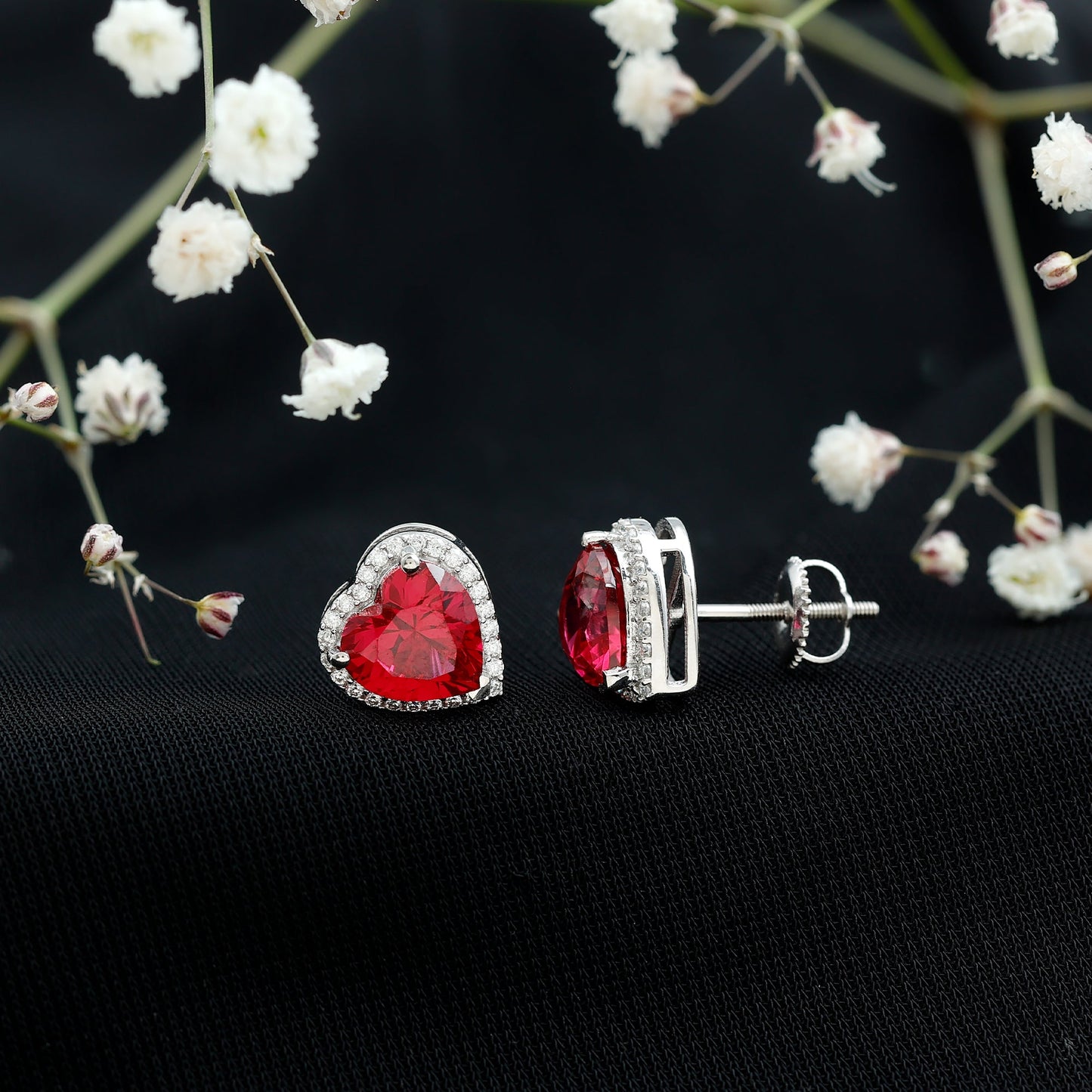 4 Carat Lab Grown Ruby Heart Stud Earrings with Moissanite Halo