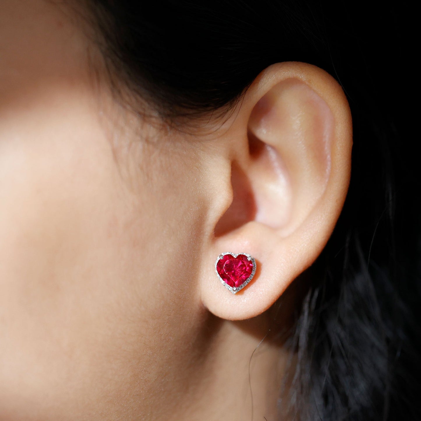 4 Carat Lab Grown Ruby Heart Stud Earrings with Moissanite Halo