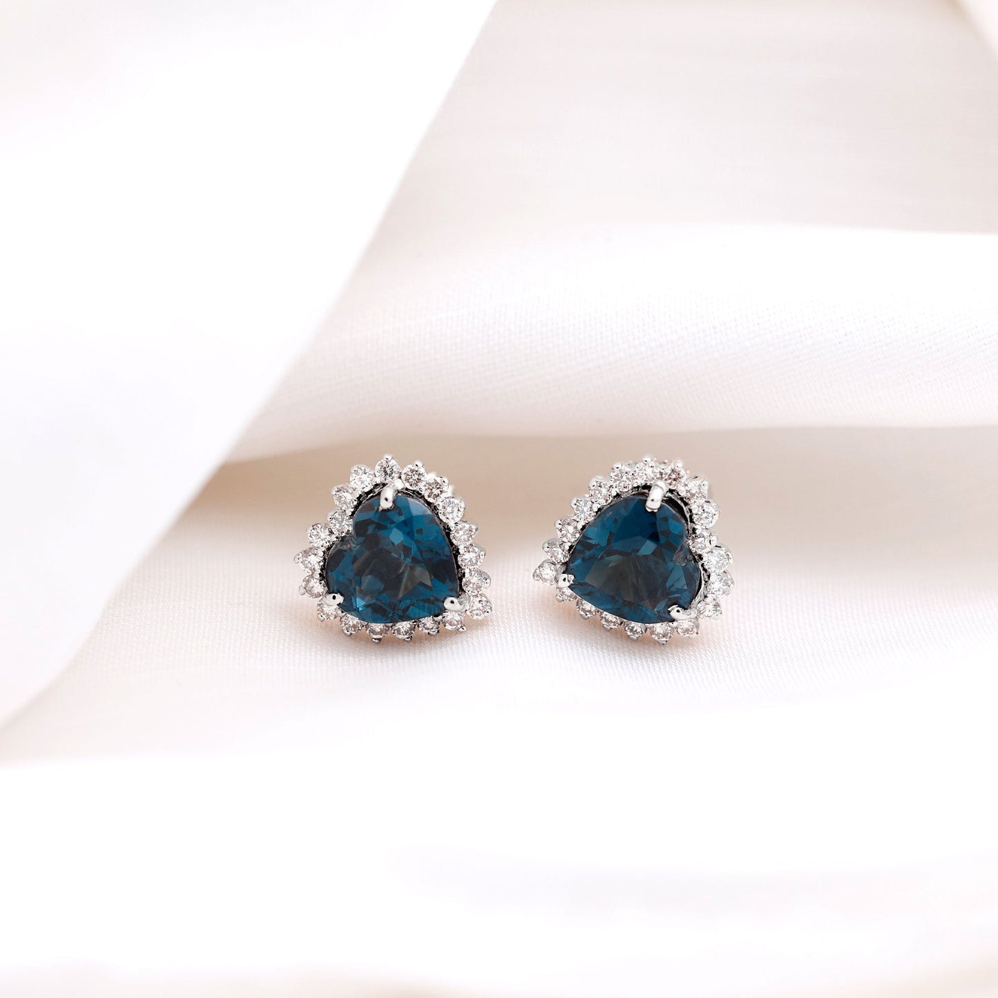 Heart Shape London Blue Topaz and Diamond Stud Earrings