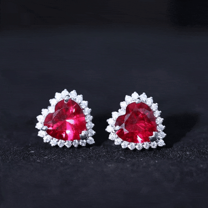 Lab Created Ruby Heart Studs with Diamond Halo