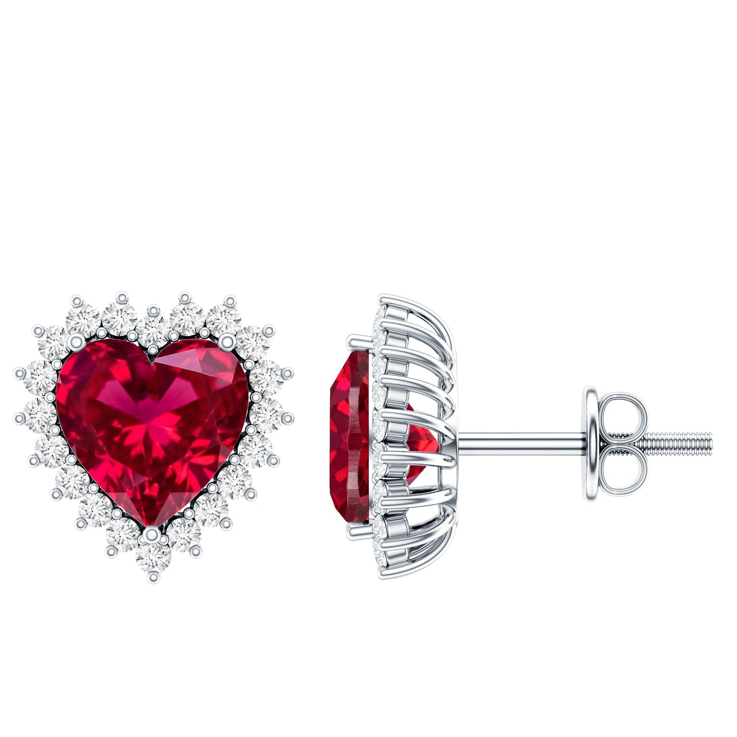 Lab Created Ruby Heart Studs with Diamond Halo
