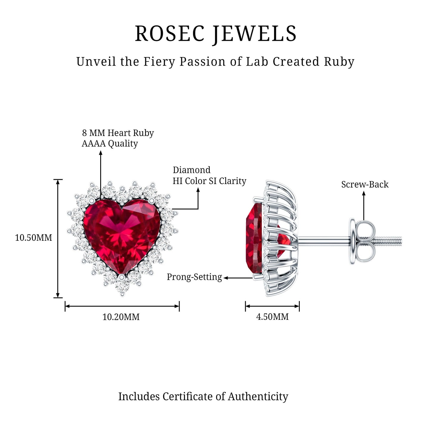 Lab Created Ruby Heart Studs with Diamond Halo