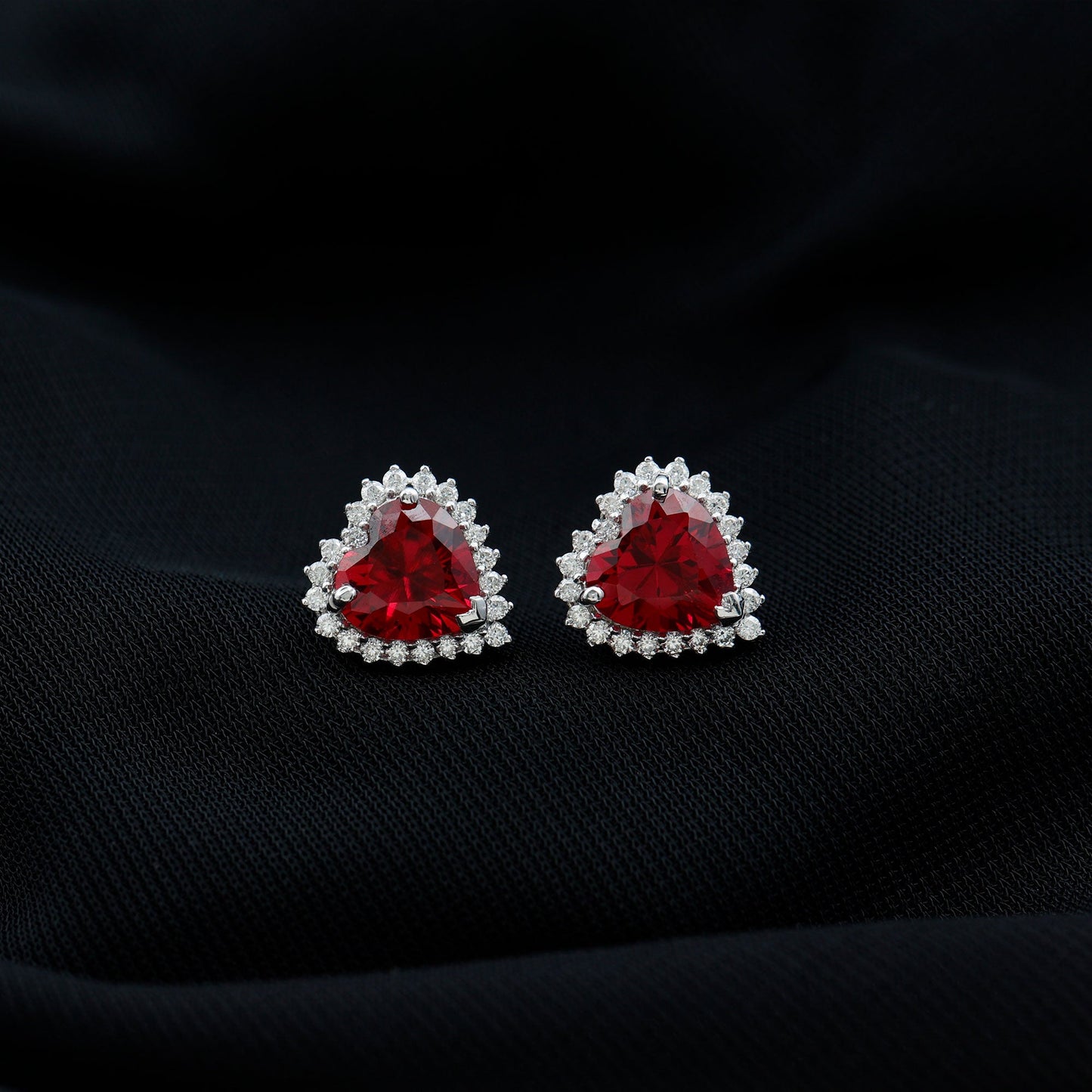 Lab Created Ruby Heart Studs with Diamond Halo