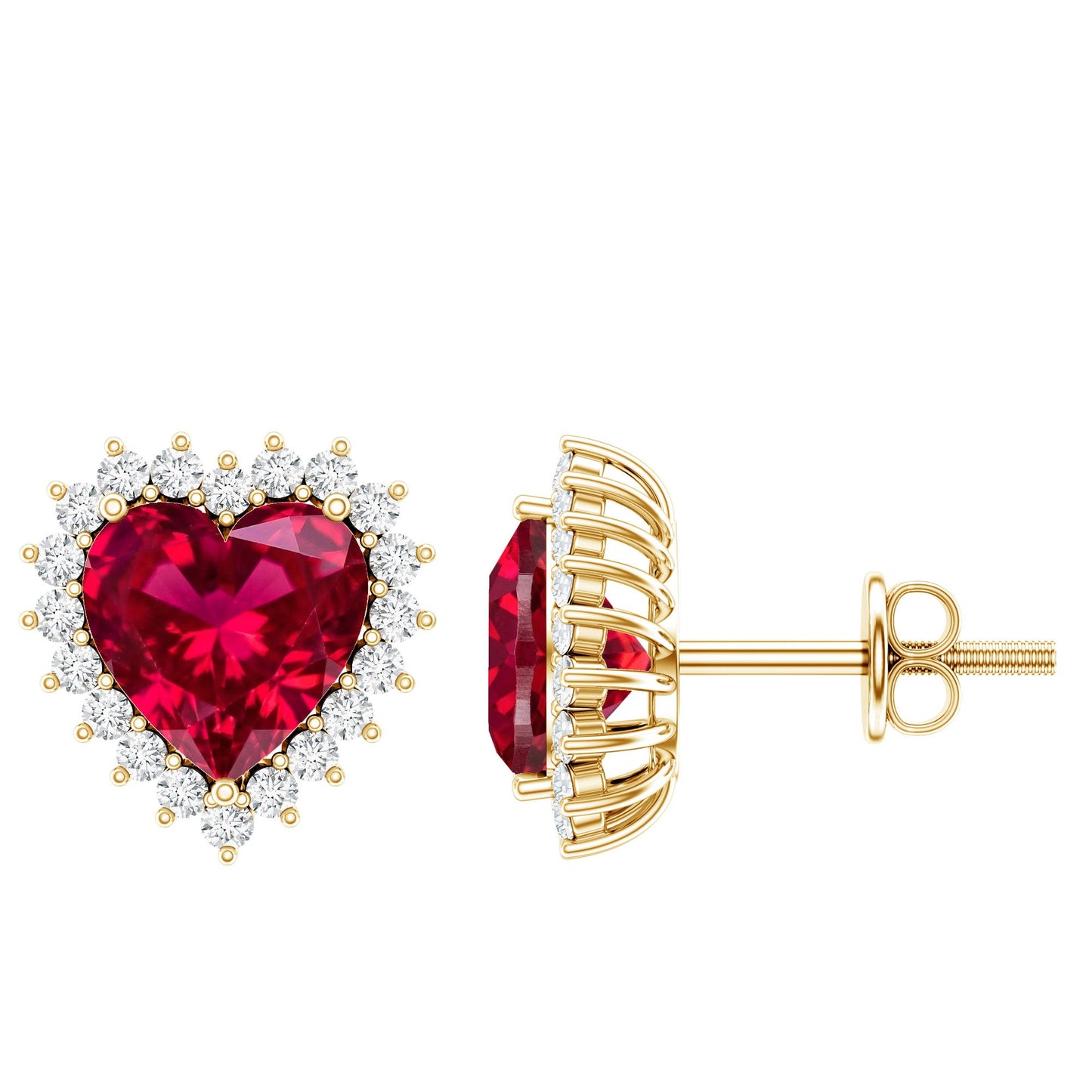 Lab Created Ruby Heart Studs with Diamond Halo