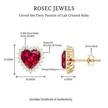Lab Created Ruby Heart Studs with Diamond Halo