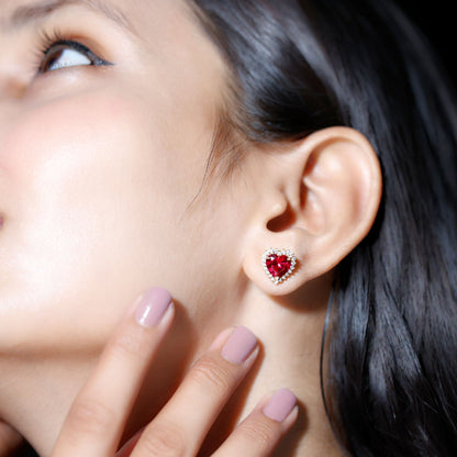 Lab Created Ruby Heart Studs with Diamond Halo