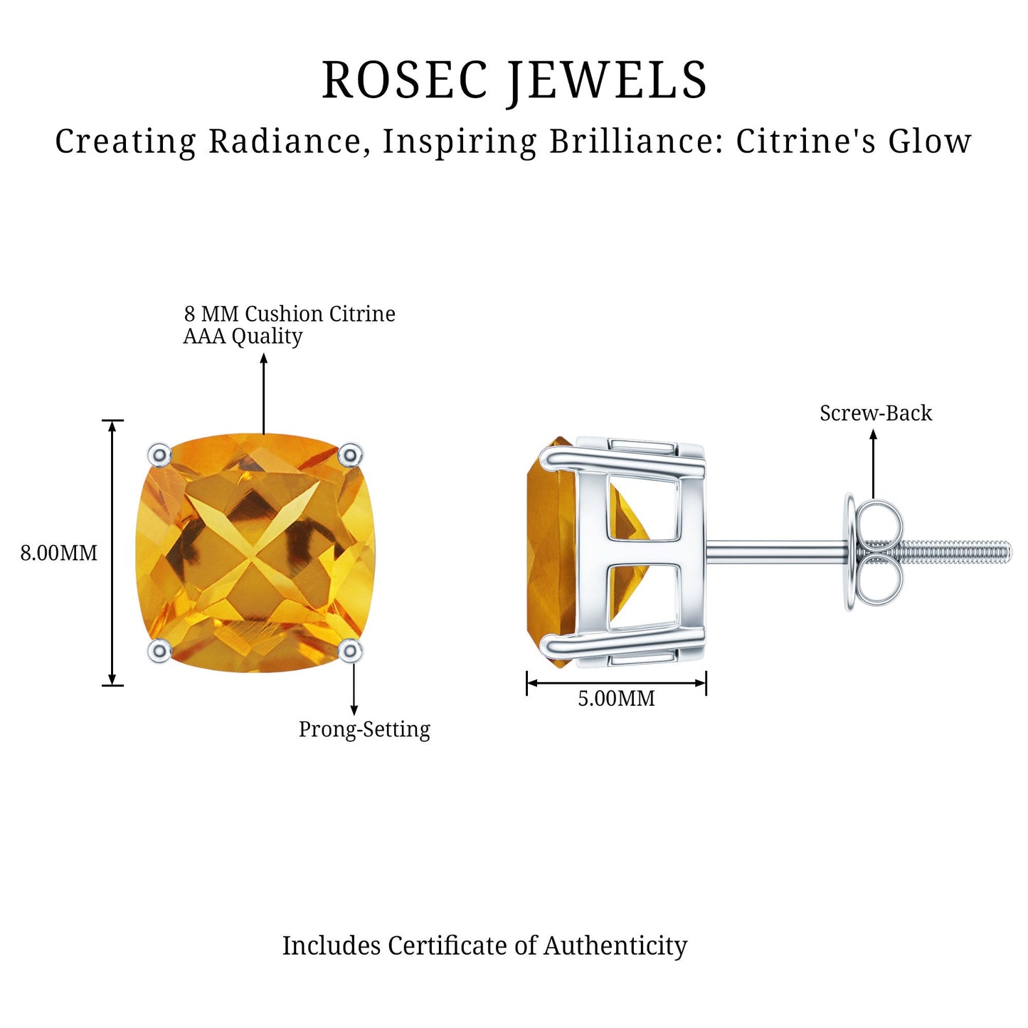 4.4 CT Cushion Cut Citrine Solitaire Stud Earrings