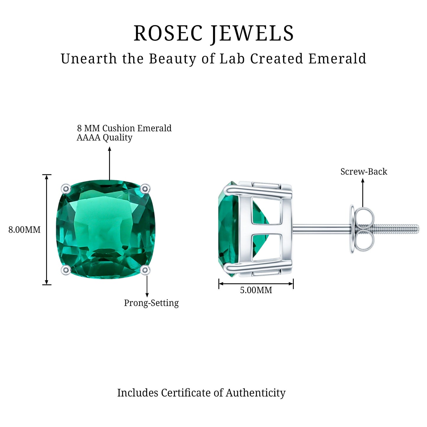 4.2 Carat Cushion Cut Created Emerald Solitaire Stud Earring