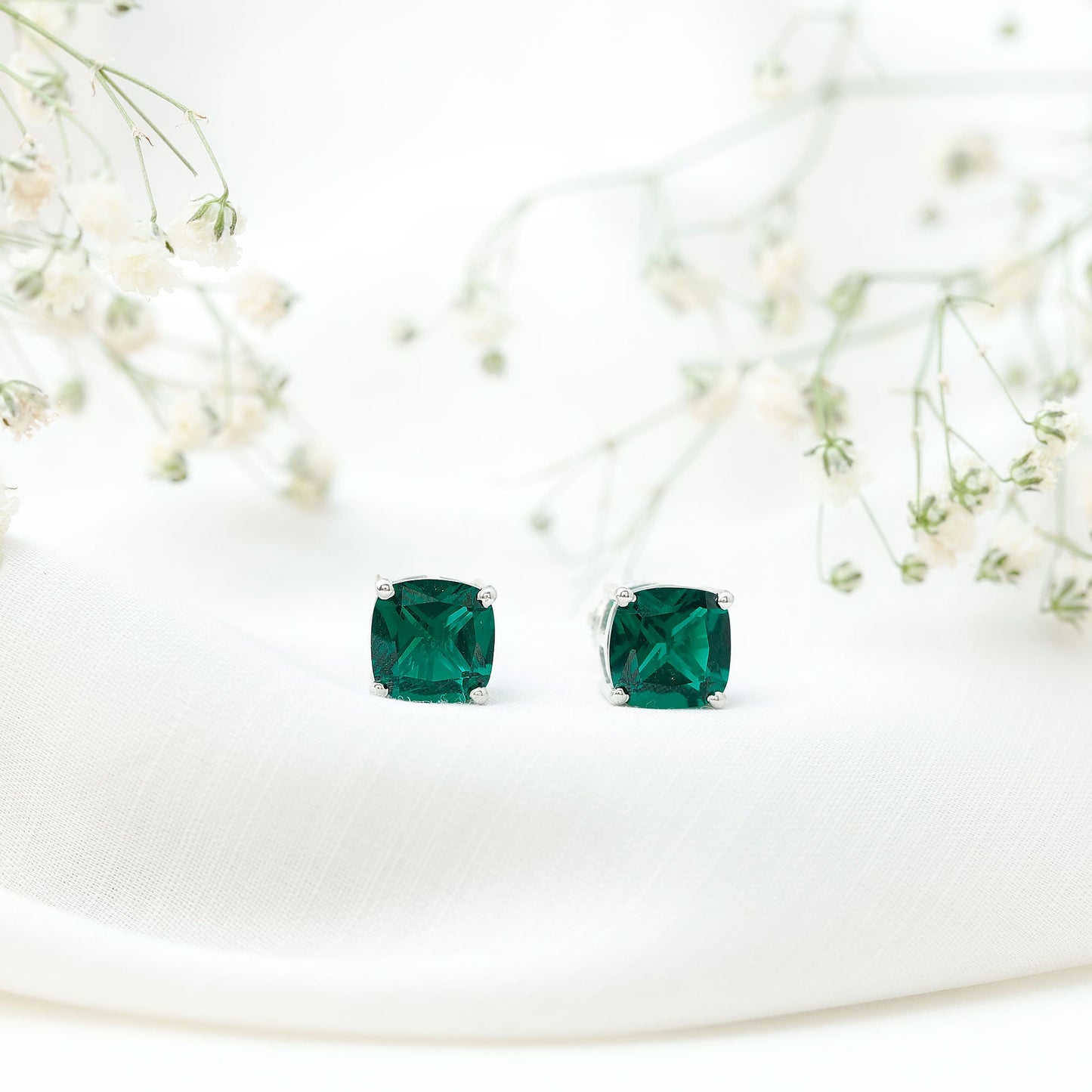 4.2 Carat Cushion Cut Created Emerald Solitaire Stud Earring