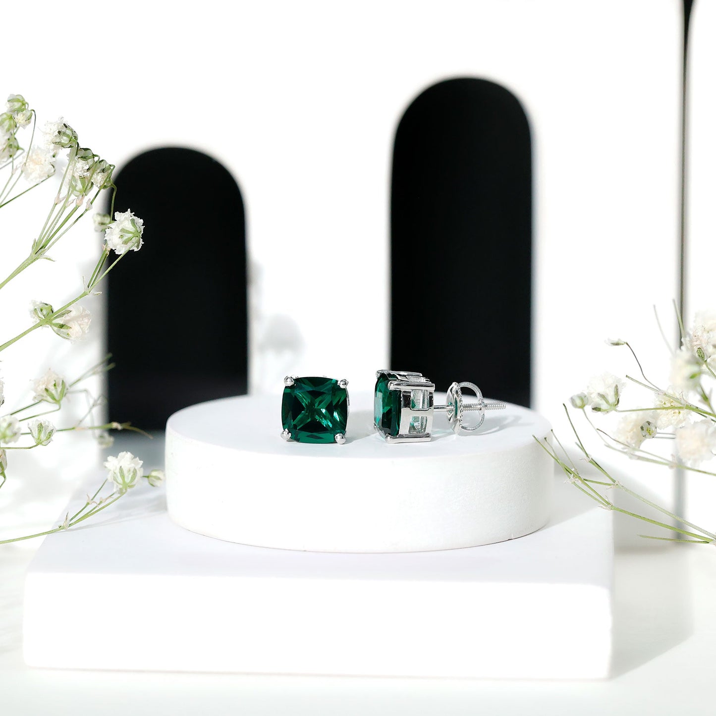 4.2 Carat Cushion Cut Created Emerald Solitaire Stud Earring