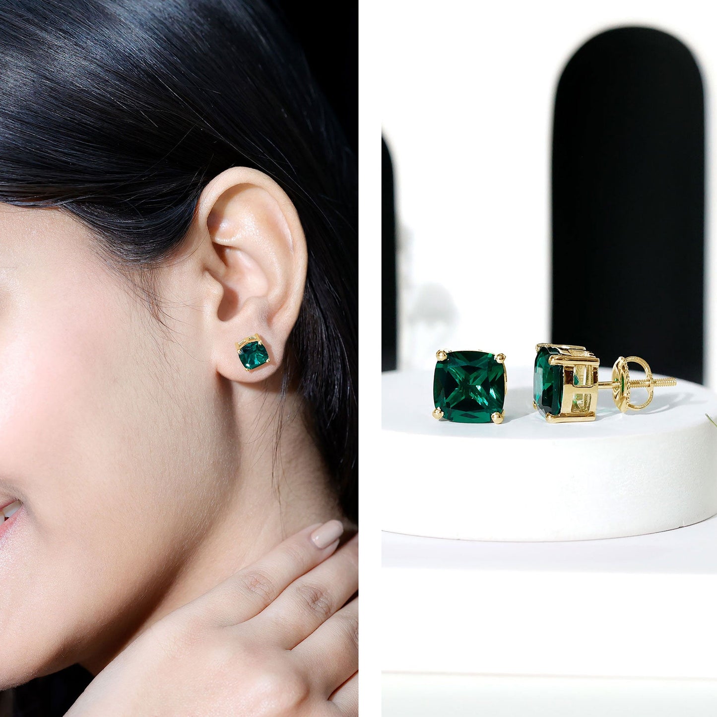 4.2 Carat Cushion Cut Created Emerald Solitaire Stud Earring