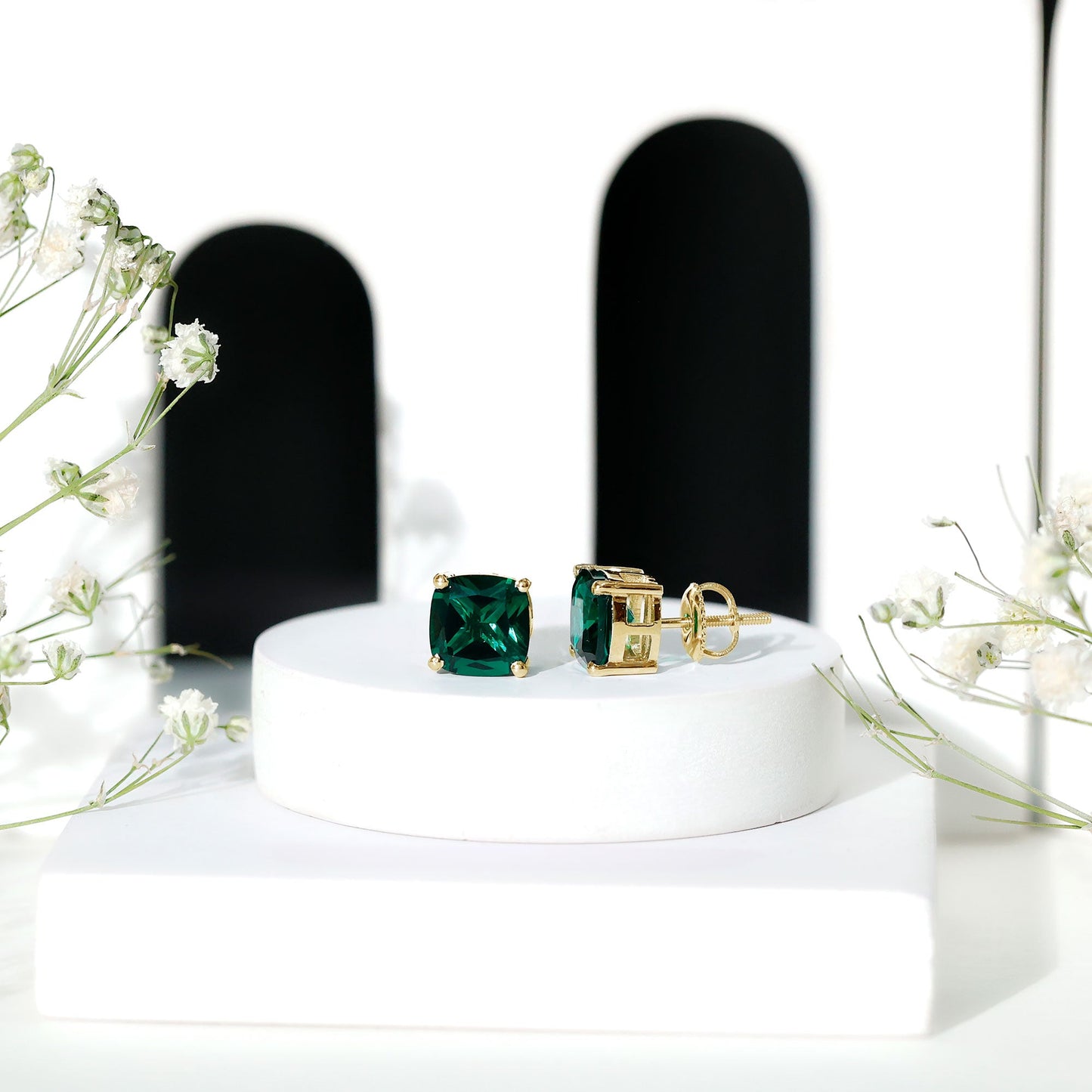 4.2 Carat Cushion Cut Created Emerald Solitaire Stud Earring