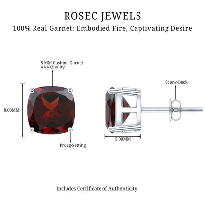 8MM Cushion Cut Garnet Solitaire Stud Earrings