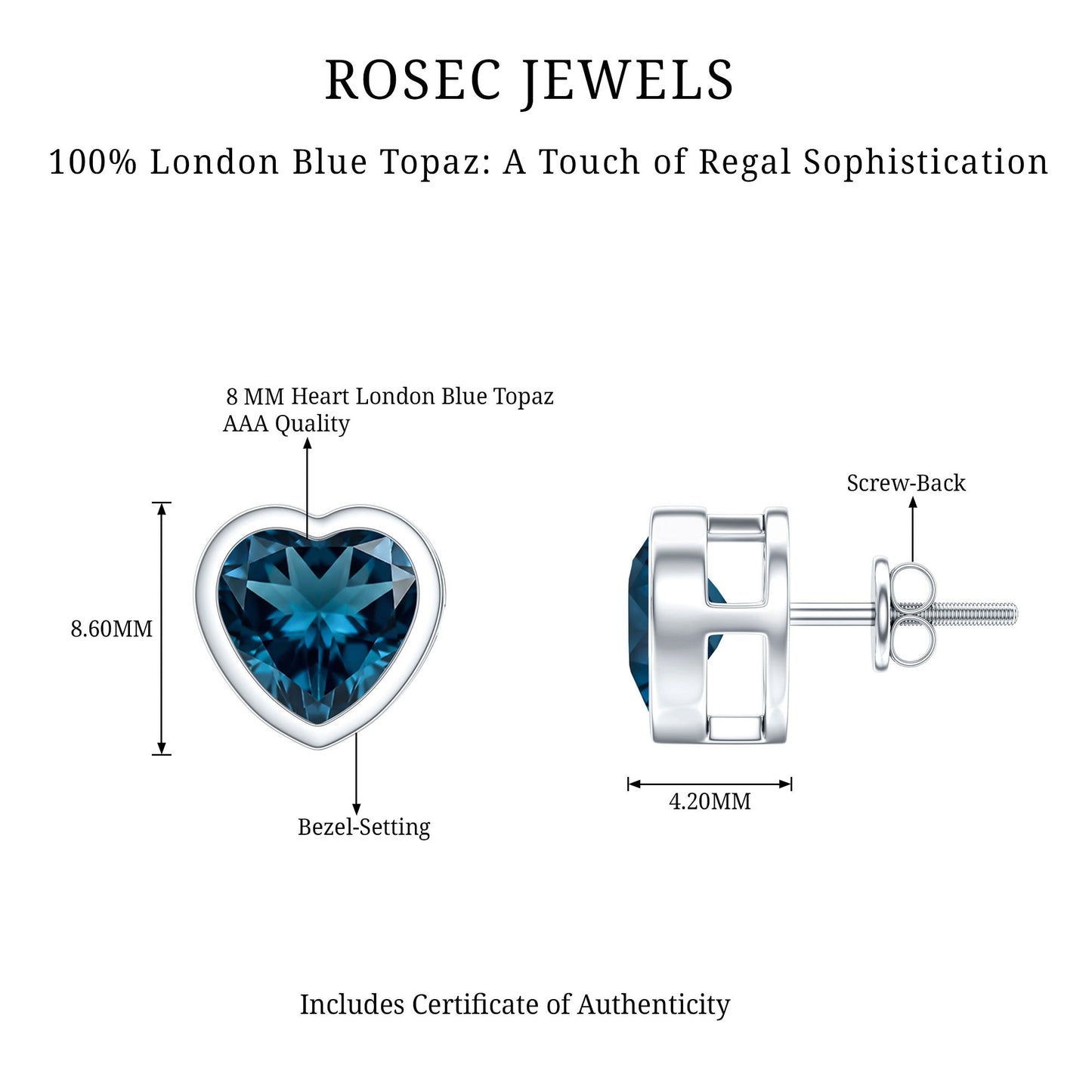 Real 4 Carat London Blue Topaz Heart Stud Earrings for Women