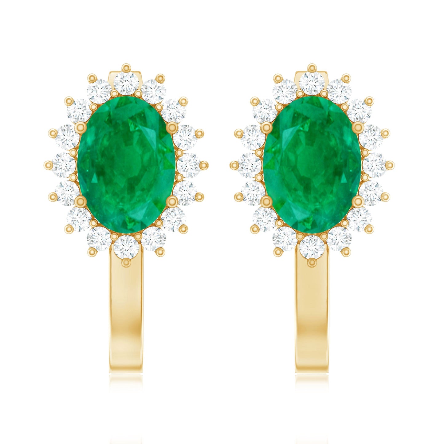 1.43 Carat Oval Cut Emerald and Diamond Halo Stud Earrings with Latch Back