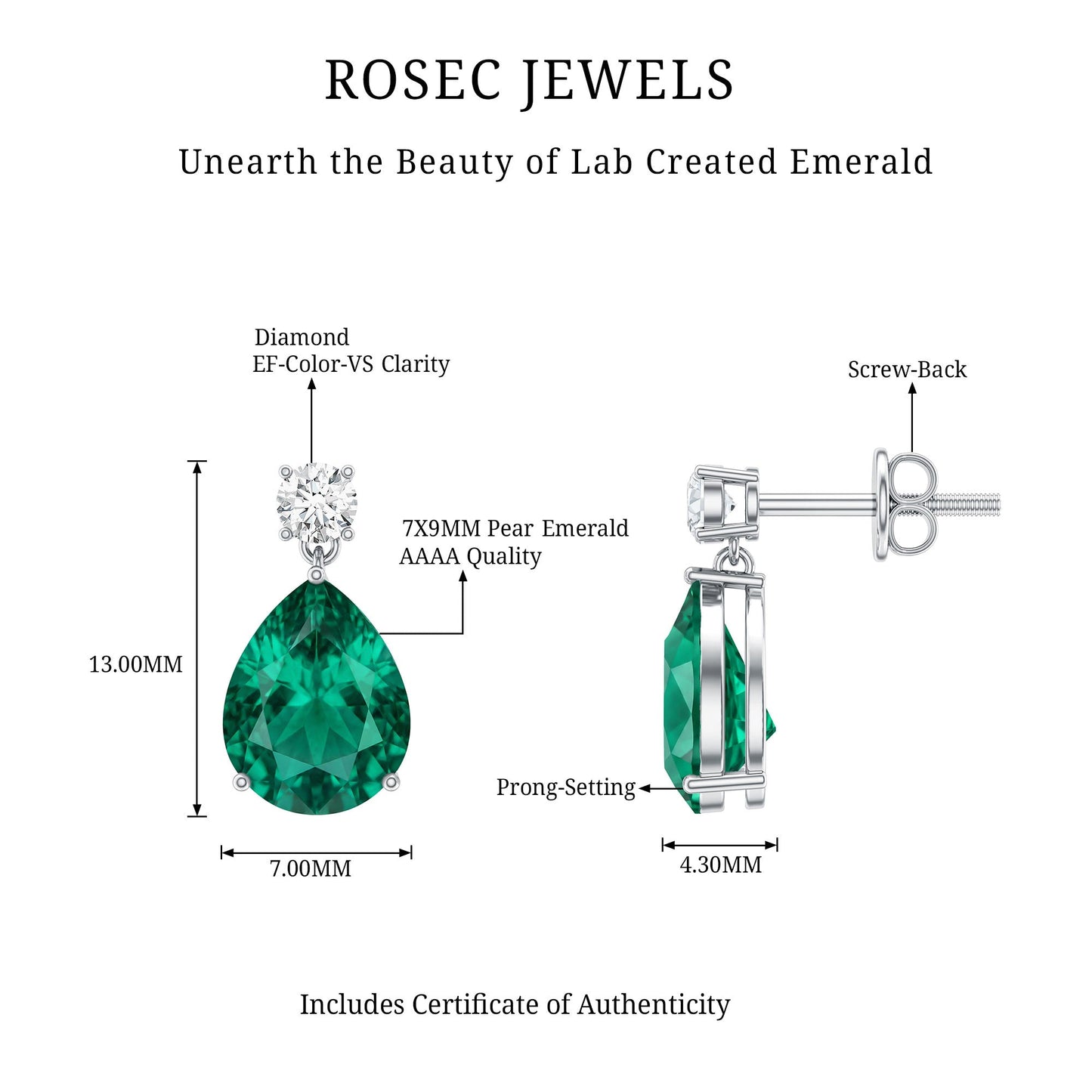 3.4 Carat Pear Cut Lab Created Emerald and Diamond Teardrop Earrings