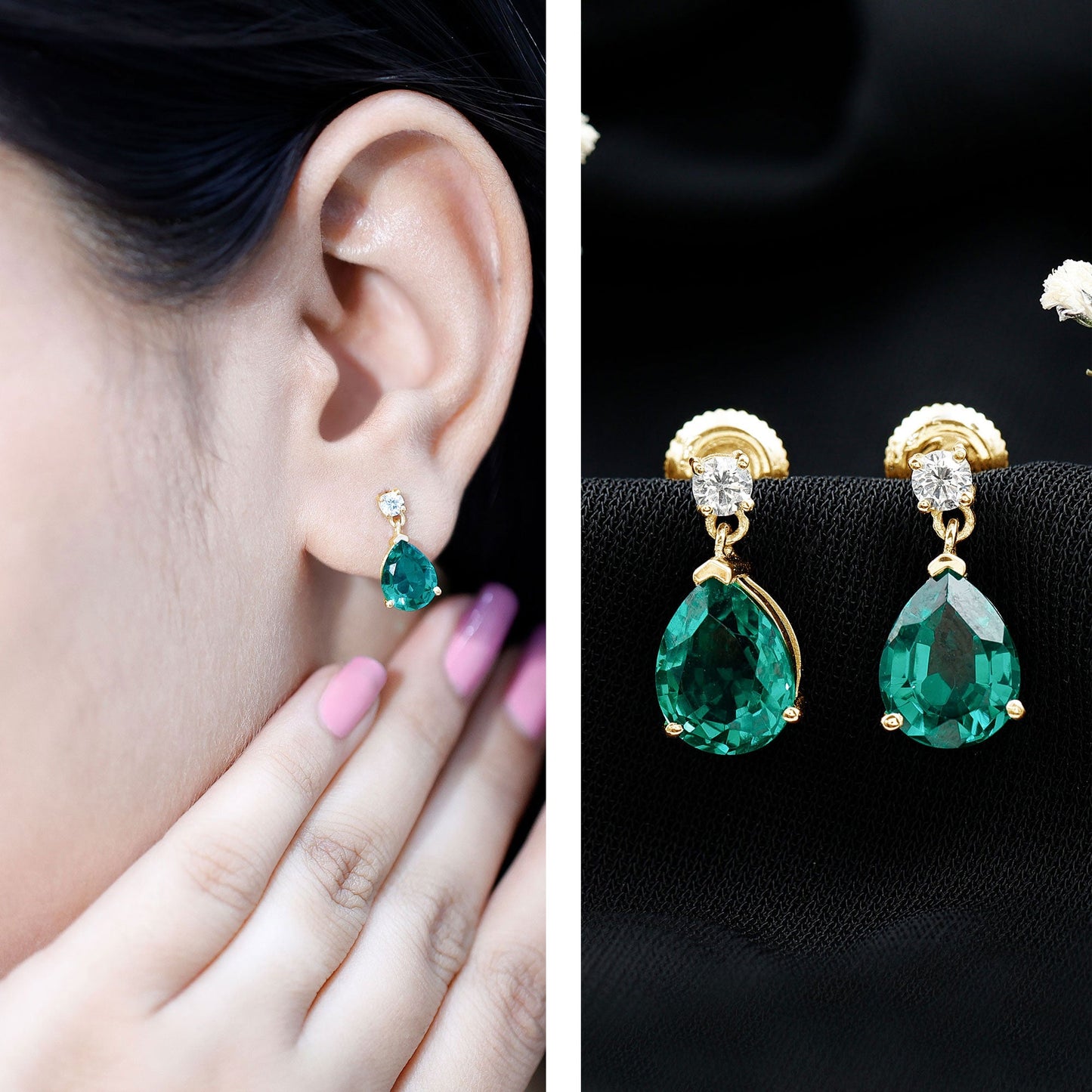 3.4 Carat Pear Cut Lab Created Emerald and Diamond Teardrop Earrings