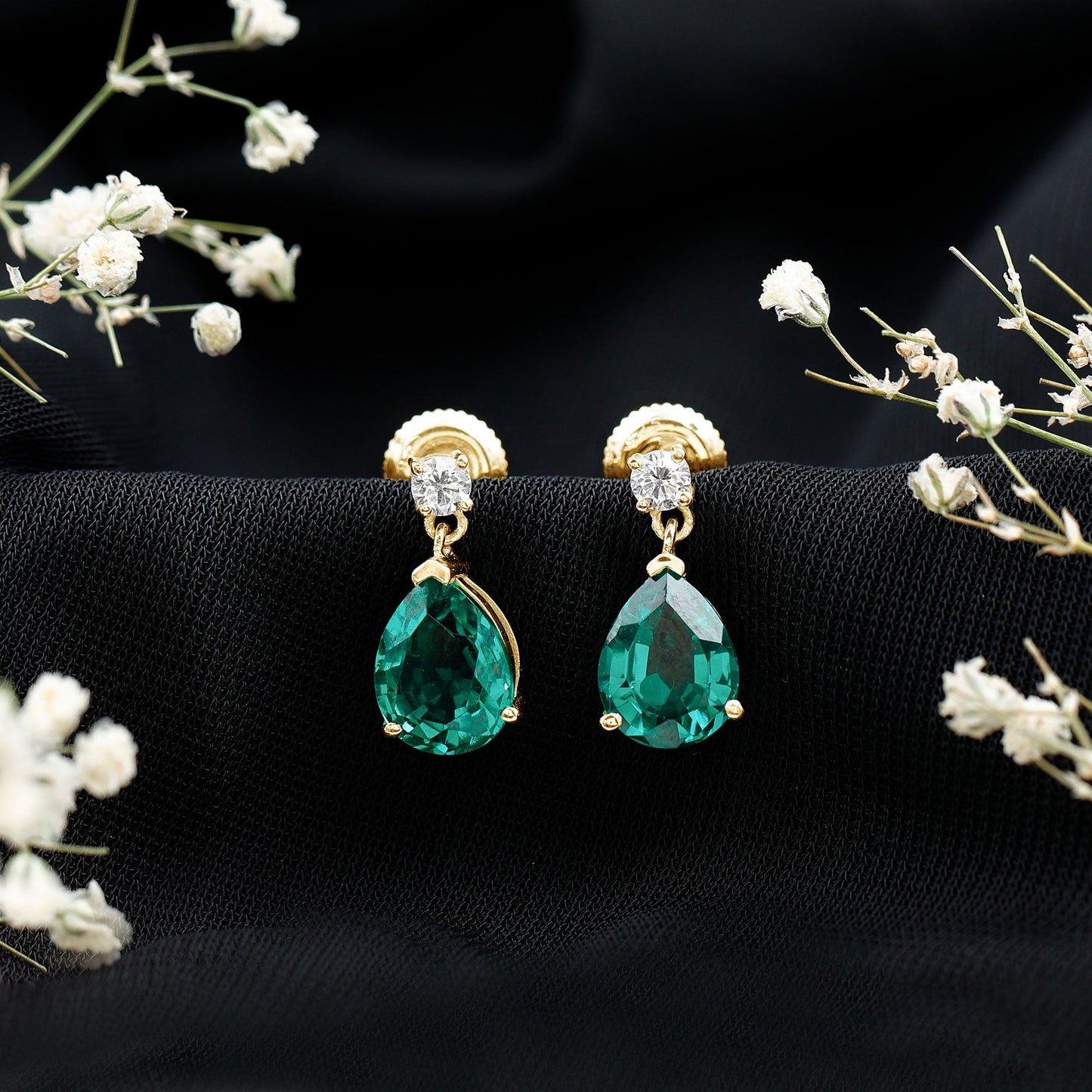3.4 Carat Pear Cut Lab Created Emerald and Diamond Teardrop Earrings