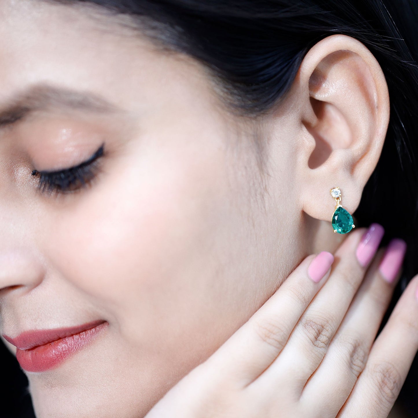 3.4 Carat Pear Cut Lab Created Emerald and Diamond Teardrop Earrings