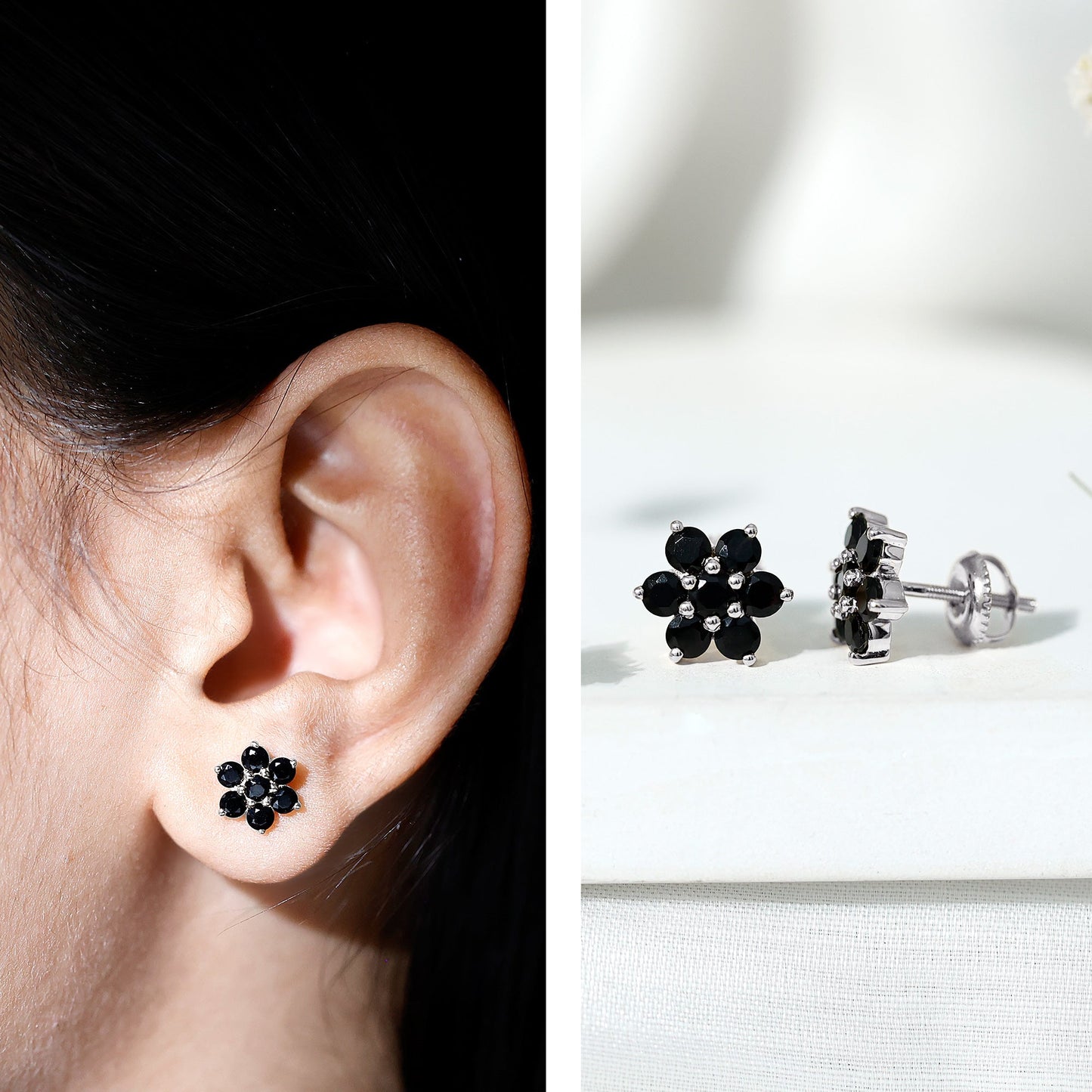 Natural Black Spinel Floral Cluster Stud Earrings