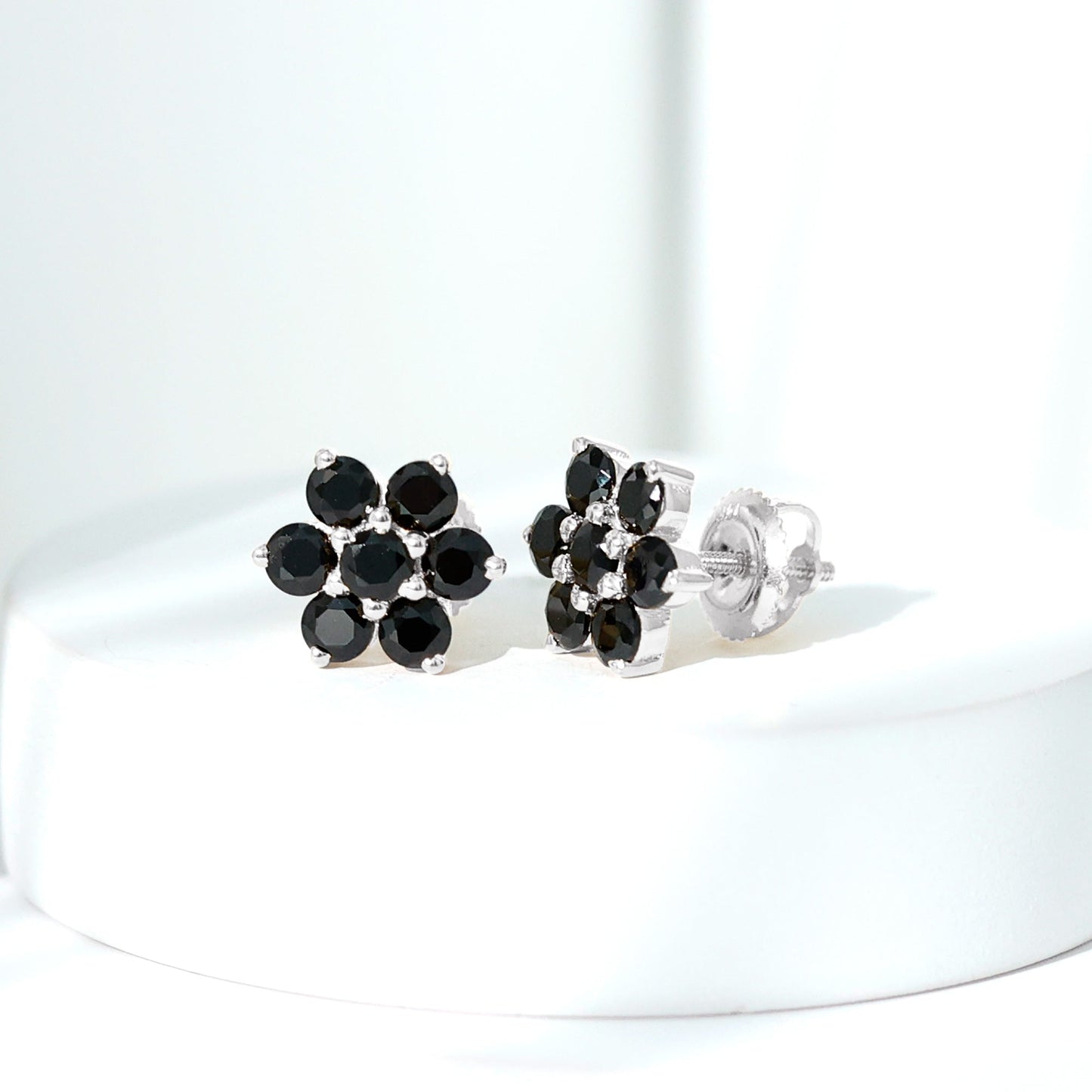Natural Black Spinel Floral Cluster Stud Earrings
