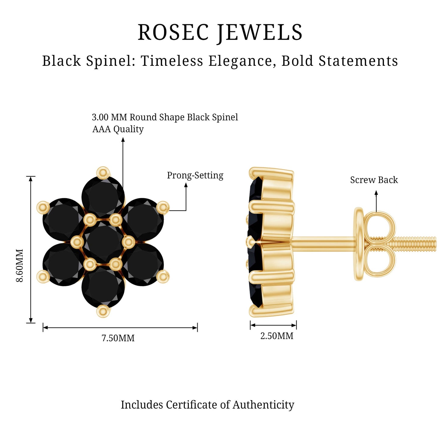 Natural Black Spinel Floral Cluster Stud Earrings