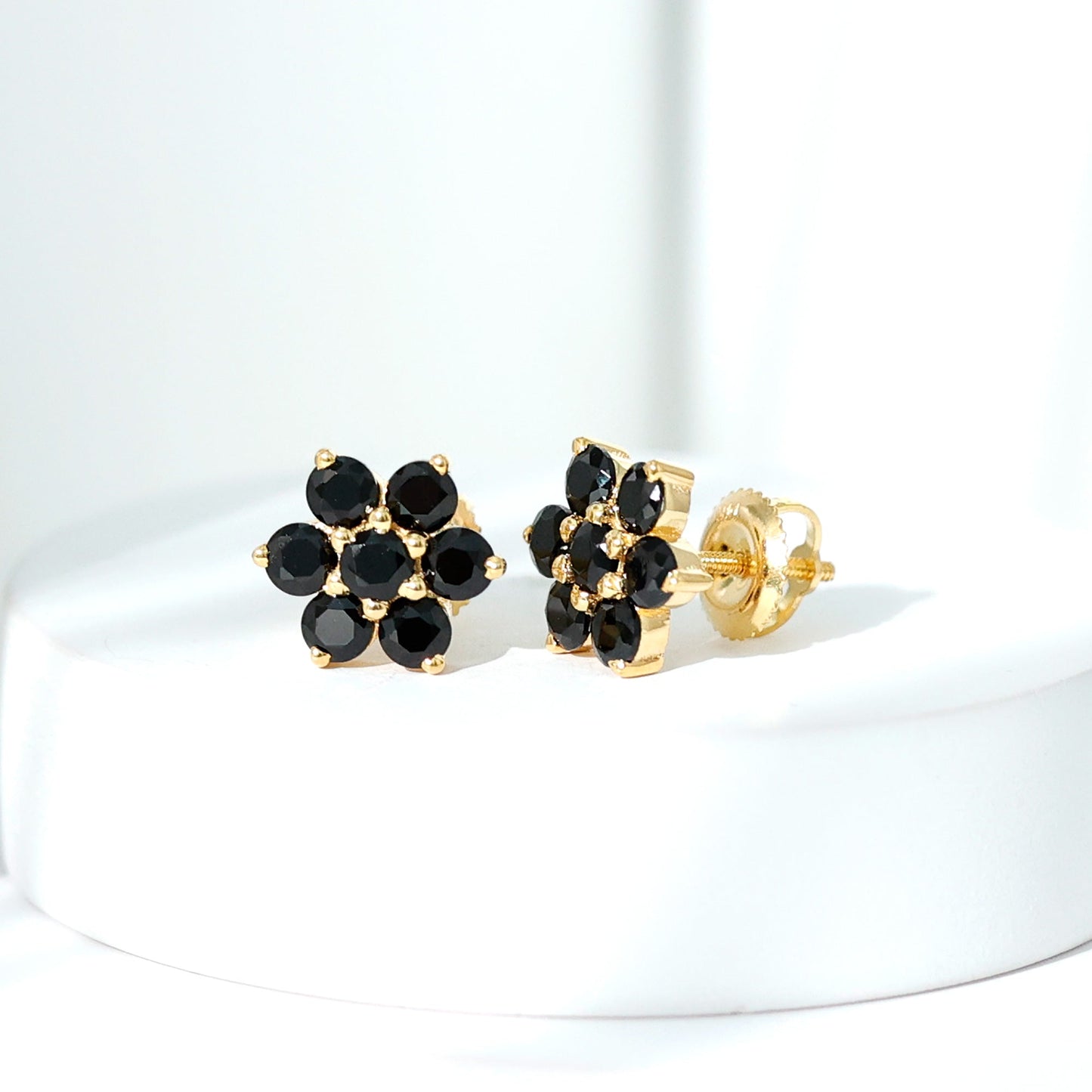 Natural Black Spinel Floral Cluster Stud Earrings