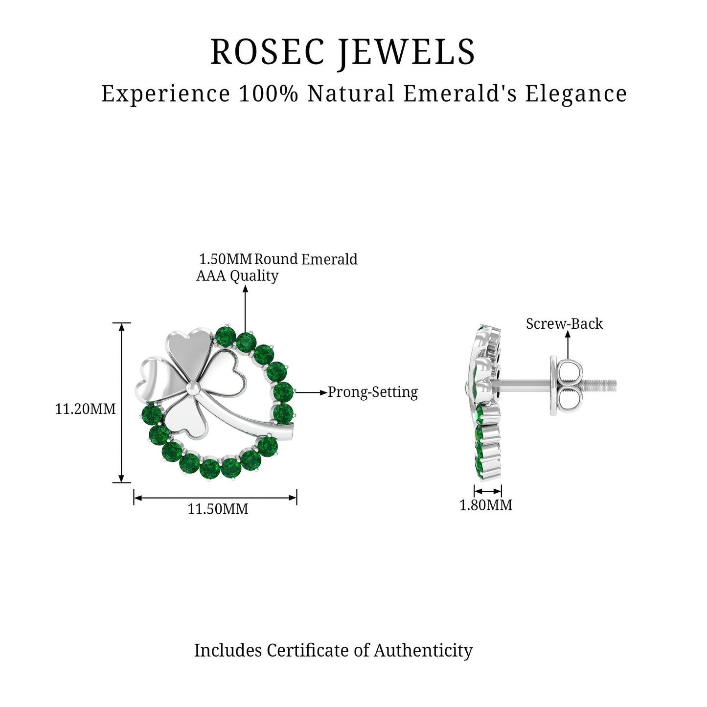 Genuine Emerald Clover Stud Earrings for Women