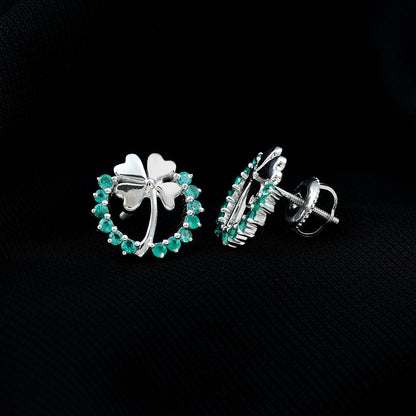Genuine Emerald Clover Stud Earrings for Women