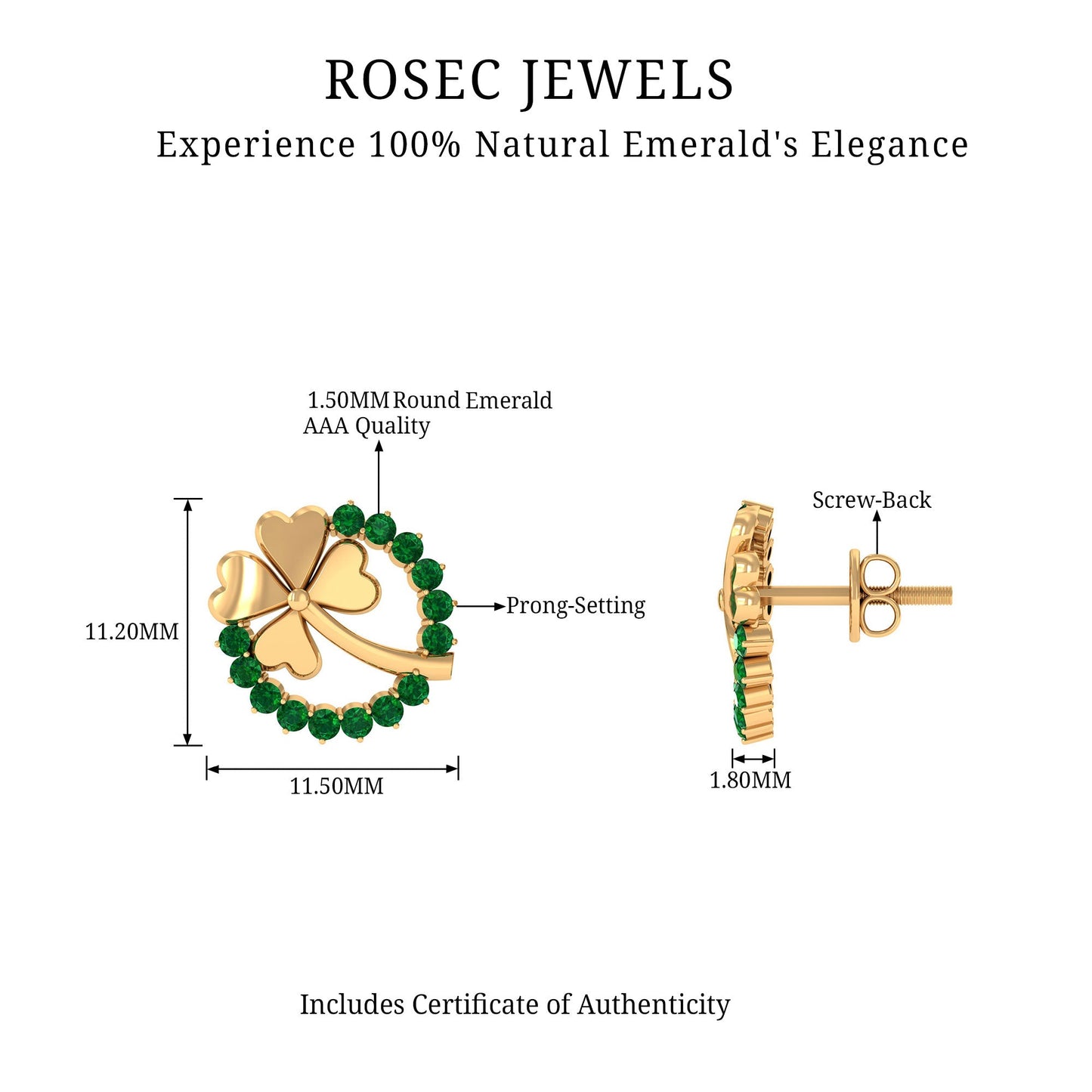 Genuine Emerald Clover Stud Earrings for Women