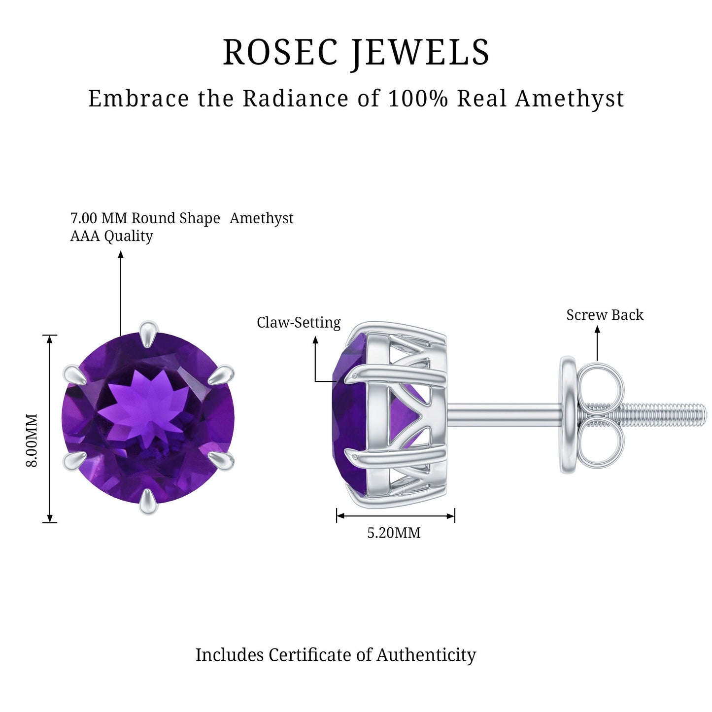 Natural 2.4 Carat Amethyst Solitaire Stud Earrings with Certificate