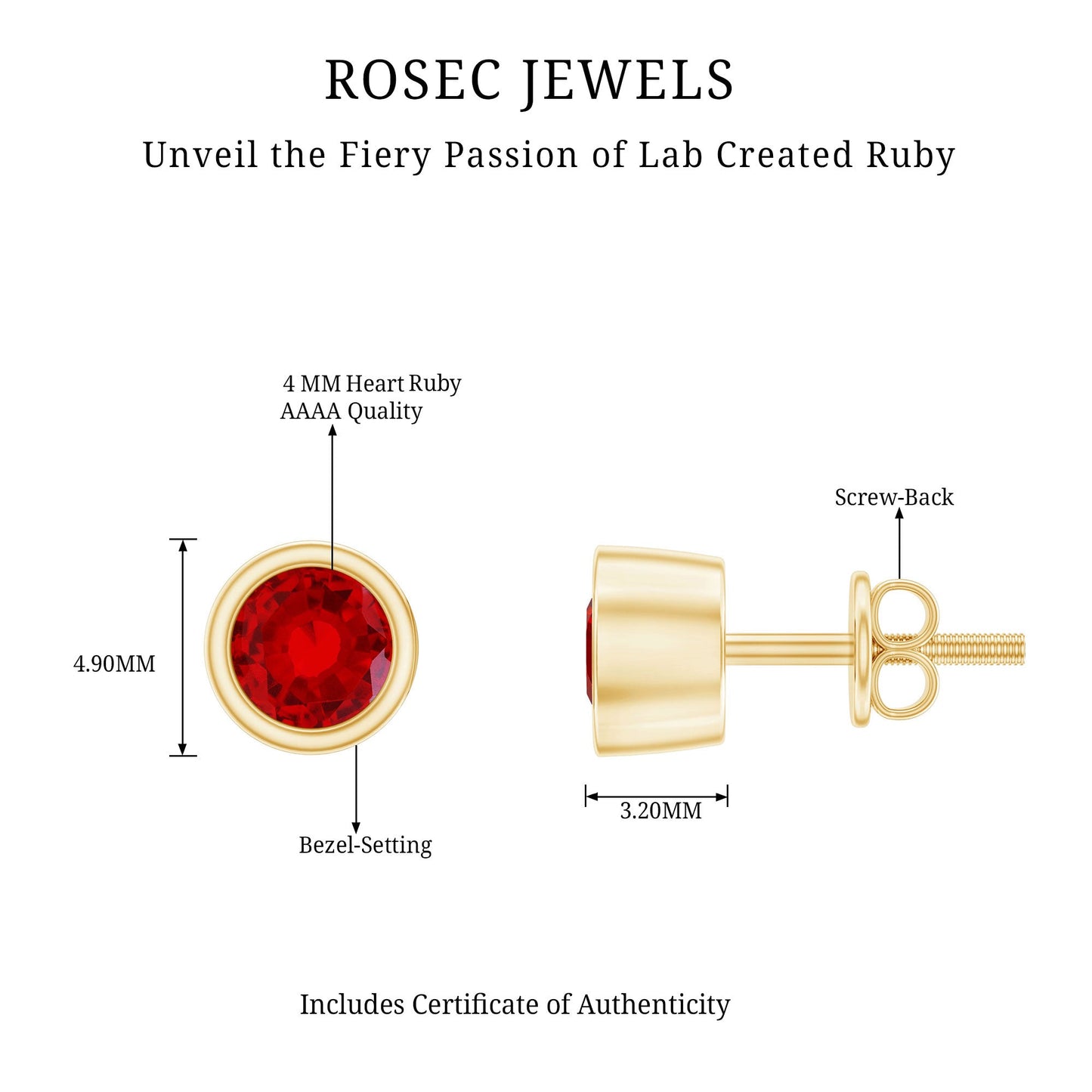 Minimalist Lab Grown Ruby Stud Earrings in Bezel Setting