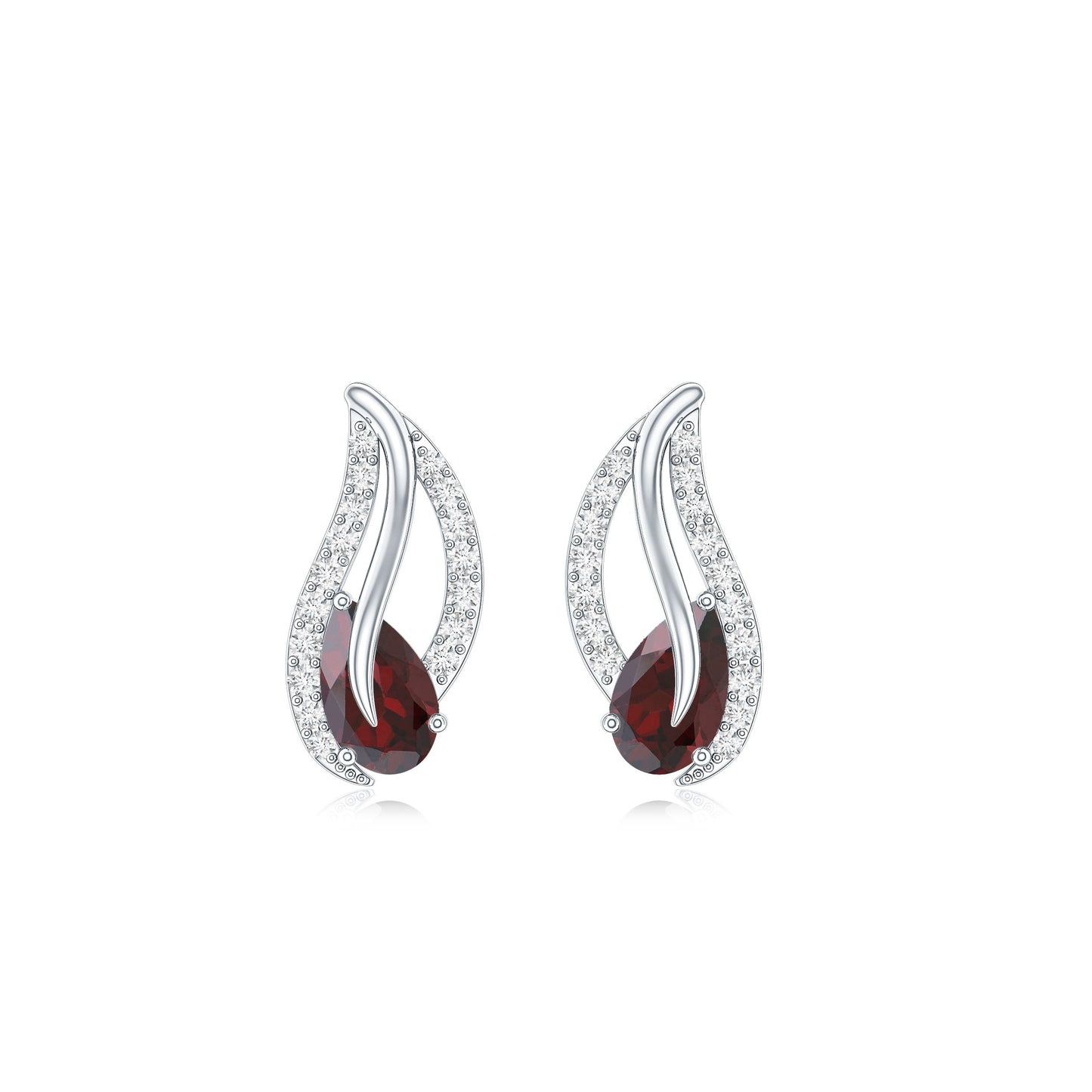 Pear Shape Garnet and Diamond Leaf Stud Earrings