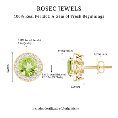 Natural 1.5 Carat Peridot Stud Earrings with Diamond Halo