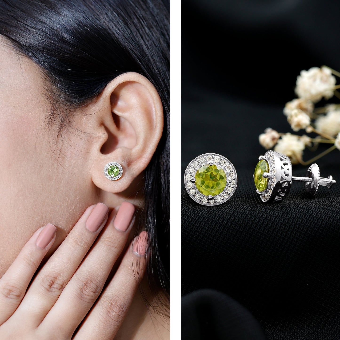 Natural 1.5 Carat Peridot Stud Earrings with Diamond Halo