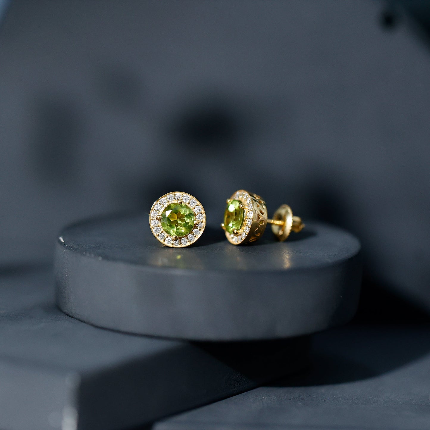 Natural 1.5 Carat Peridot Stud Earrings with Diamond Halo