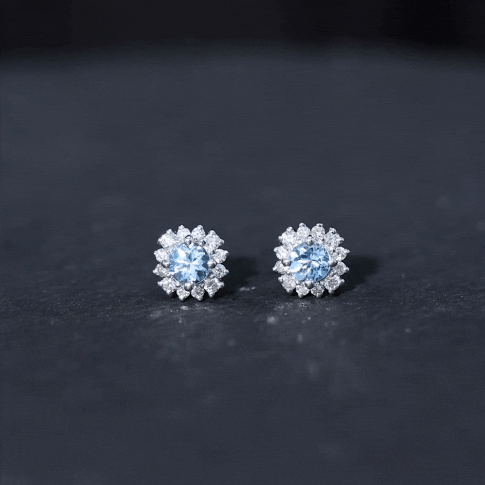Genuine Aquamarine and Diamond Halo Stud Earrings