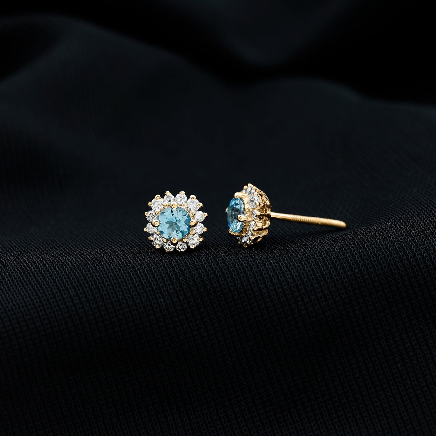 Genuine Aquamarine and Diamond Halo Stud Earrings