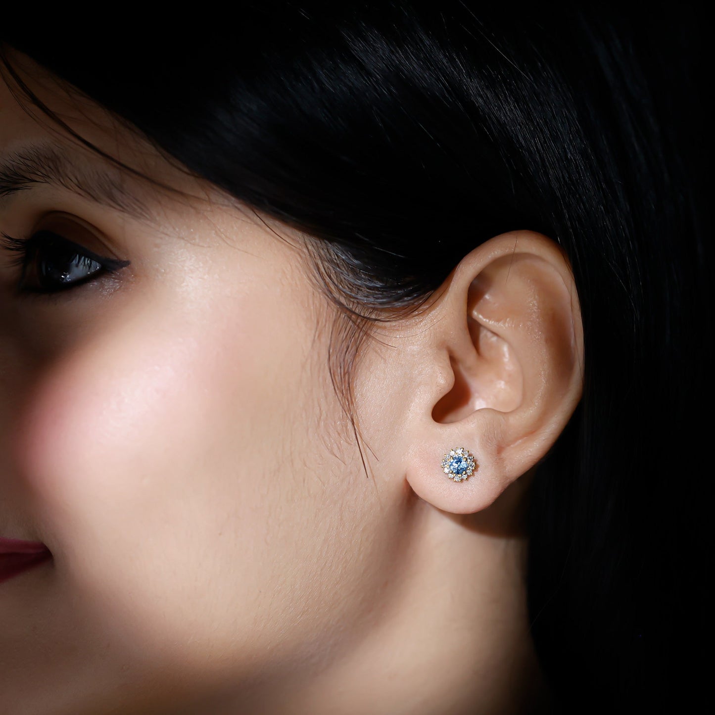 Genuine Aquamarine and Diamond Halo Stud Earrings