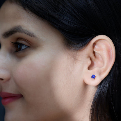 0.9 Carat Solitaire Blue Sapphire Princess Cut Stud Earrings