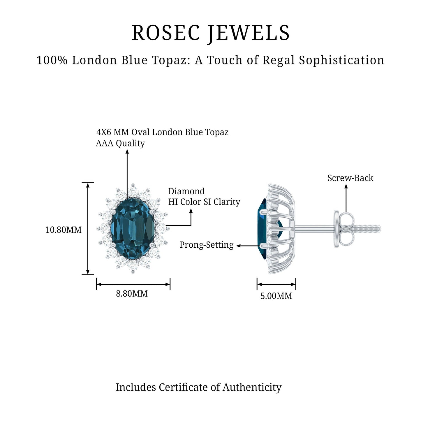 0.8 Carat Oval Cut London Blue Topaz and Diamond Halo Stud Earrings