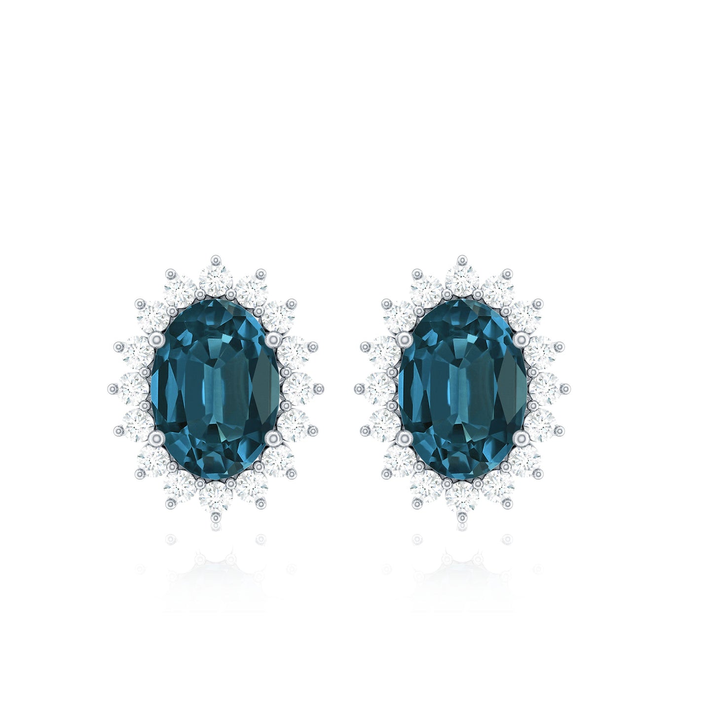 0.8 Carat Oval Cut London Blue Topaz and Diamond Halo Stud Earrings
