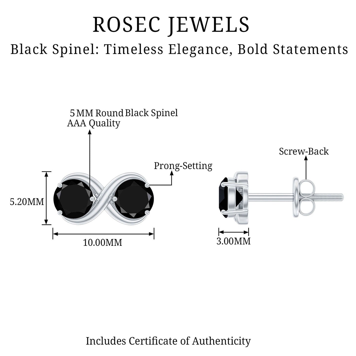 Genuine Black Spinel Two Stone Infinity Stud Earrings
