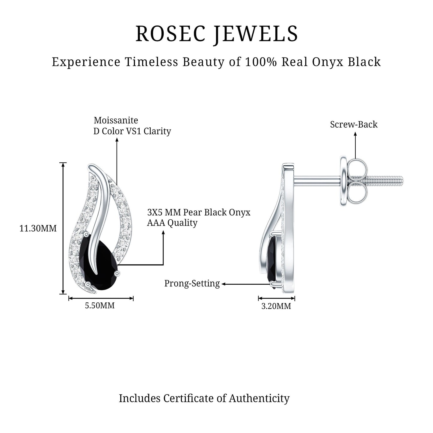 Genuine Pear Shape Black Onyx leaf Stud Earrings With Certificate