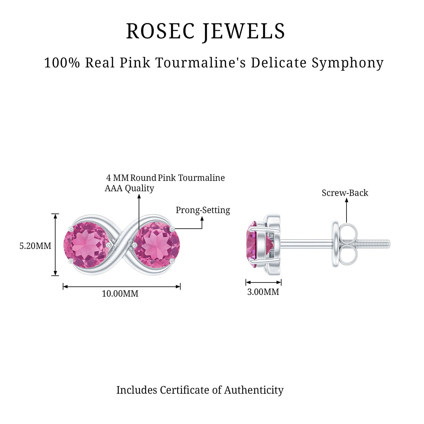 Natural Pink Tourmaline 2 Stone Stud Earrings with Screw Back