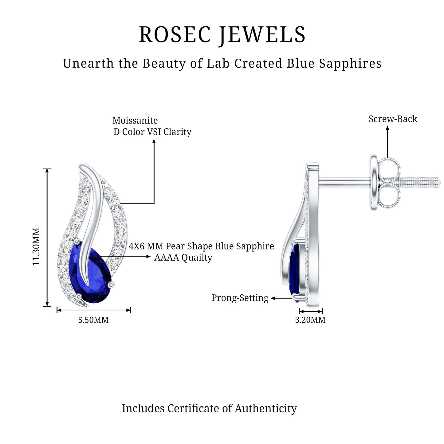 1 Carat Lab Grown Blue Sapphire Leaf Earrings with Moissanite