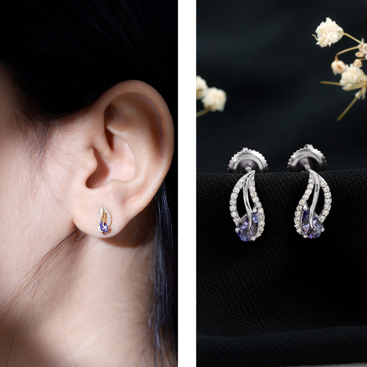 Pear Shape Tanzanite and Diamond Leaf Stud Earrings