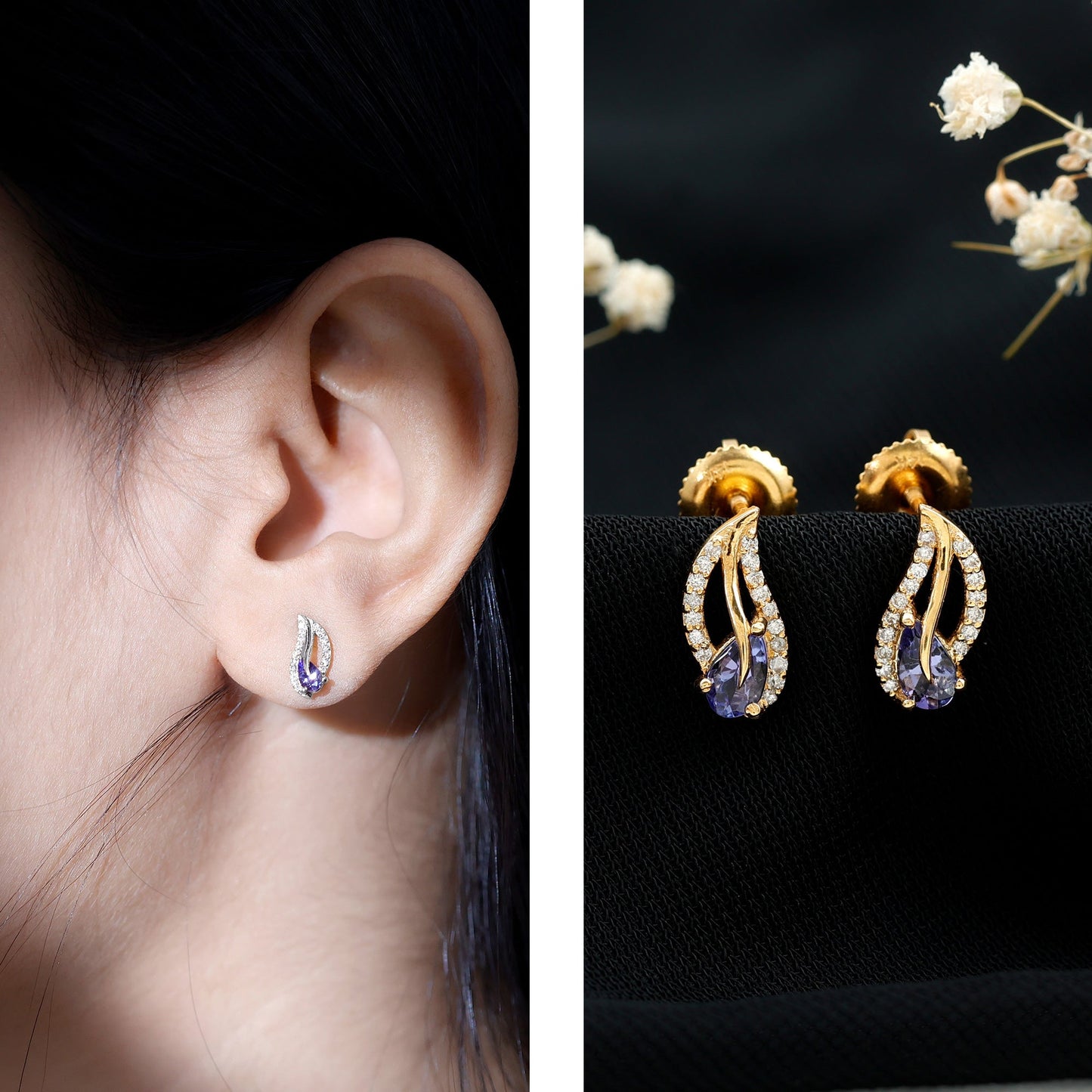 Pear Shape Tanzanite and Diamond Leaf Stud Earrings